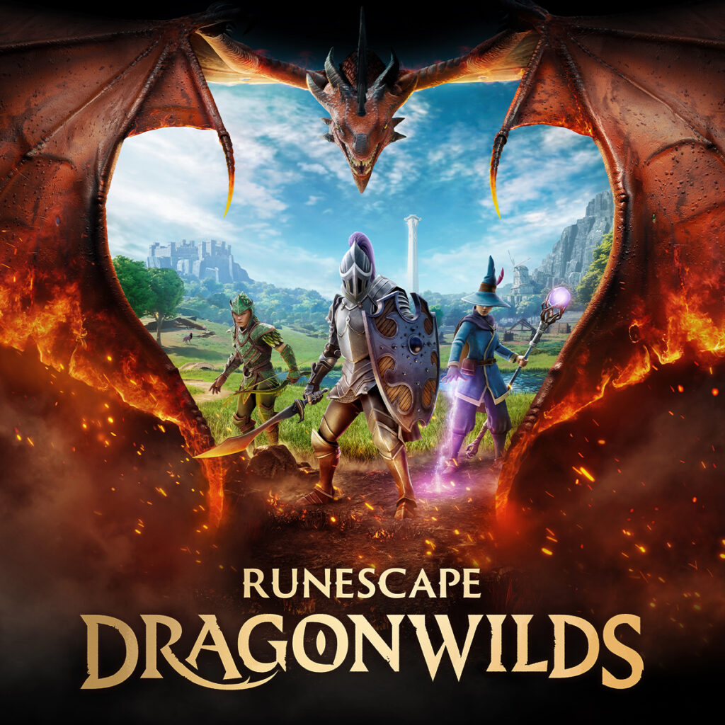 RuneScape: Dragonwilds offizielles Key Art mit drei Abenteurern und einem Drachen