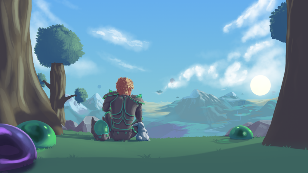 Terraria – offizielle Steam-Grafik mit Spielfigur in einer Terraria-Landschaft