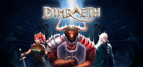 Dimraeth Key Art mit drei Fantasy-Charakteren vor dunklem Hintergrund