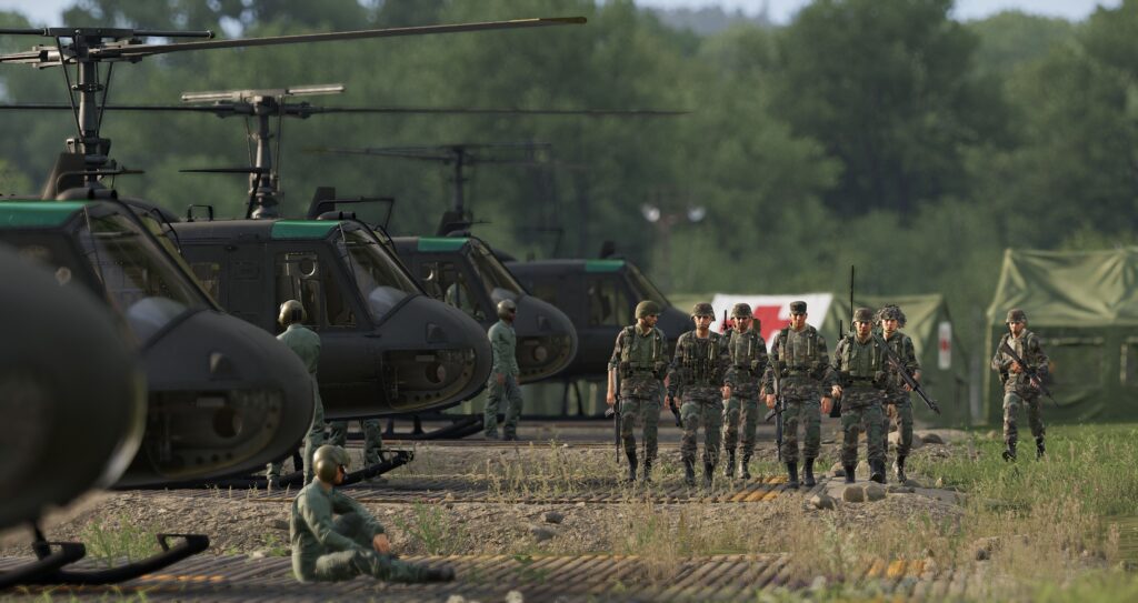 Arma Reforger – Soldaten und Hubschrauber auf einem Feldflugplatz