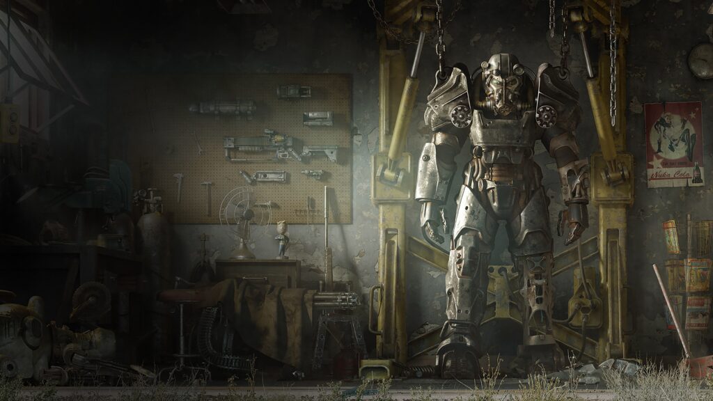 Offizielles Fallout-4-Motiv mit Powerrüstung in einer Werkstatt