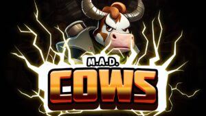 M.A.D. Cows – offizielles Nintendo-Switch-Cover mit bewaffneter Kuh und Spieletitel