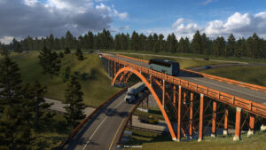 American Truck Simulator South Dakota – offizielle Steam-Spielszene mit Lastwagen unter einer hohen Bogenbrücke