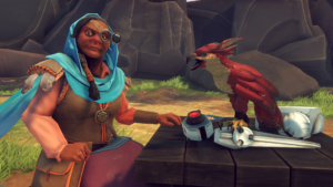 Falcon Age – offizieller Entwickler-Screenshot: Ara und Falke am Tisch