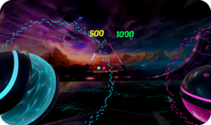 Synth Riders Apple Vision Pro – offiziell veröffentlichte Spielszene mit farbigen Rhythmusbahnen