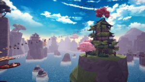 Samurai Obby Nintendo offizieller Gameplay-Screenshot mit Pagode, schwebenden Plattformen und Kirschblüten