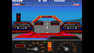 KONAMI GT – offizieller Arcade-Gameplay-Screenshot, Rennwagen am Kontrollpunkt