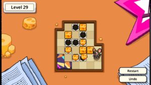 Cute Astro – offizieller PlayStation-Spielbildschirm mit Mausfigur, Käseblöcken und den Schaltflächen Undo und Restart