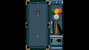 Arcade Archives RACK'EM UP – offizieller Screenshot des 1987er KONAMI-Billardspiels mit Nine-Ball-Tisch und 3D-Schussansicht