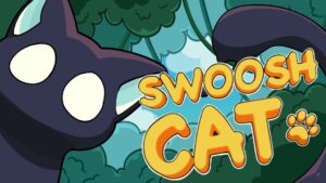 SwooshCat: Nintendo-Switch-Cover mit schwarzer Katze und gelbem Schriftzug im grünen Wald