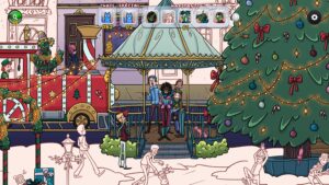 Hidden Cats in Christmas – Spielszene mit Weihnachtsmarkt und versteckten Katzen