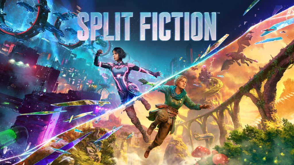 Split Fiction – offizielles Key Art mit Mio und Zoe zwischen Sci-Fi- und Fantasy-Welt