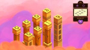 Mystic Pillars auf Nintendo Switch – offizieller Screenshot mit nummerierten goldenen Säulen und Knobelaufgabe