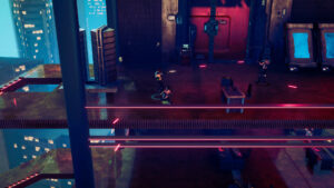 HoverGrease 2 – offizieller Top-Down-Kampf-Screenshot aus der Cyberpunk-Metropole