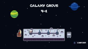Pogui – Spielfigur im Raumfahrtlevel Galaxy Grove vor schwarzem Sternenhimmel