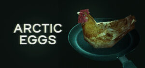 Arctic Eggs Schriftzug neben einer Bratpfanne mit Huhn