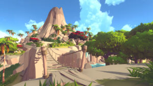 Cozy Bay Hike – offizielle Nintendo-Screenshotansicht der Brücke über eine tropische Schlucht