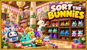 Sort The Bunnies – offizielles Steam-Artwork mit Regalen voller Sammelhasen