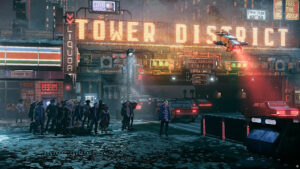 REPLACED für Android – regennasse Cyberpunk-Straßenszene mit Tower Diner in Phoenix City