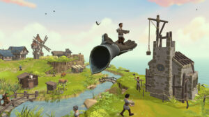 Townsmen VR: riesige VR-Hand führt Bewohner zum mittelalterlichen Turmbau in einer Insellandschaft