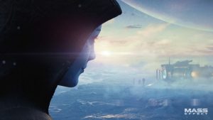 Offizielles BioWare-Motiv zum später eingestellten Mass-Effect-Projekt: Ein Raumschiff auf einem fremden Planeten und mehrere Figuren im Vordergrund.