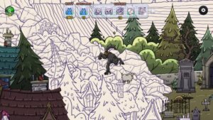 Hidden Cats in Spooky Village – offizieller PlayStation-Screenshot mit Werwolf und unkolorierten Hintergründen