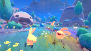 Slime Rancher 2 – hüpfende gelbe Slimes in einer Blumenwiese
