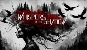 Whispers Of The Shadow – offizielles Keyart mit rabenschwarzem Wald, Frau und Titel