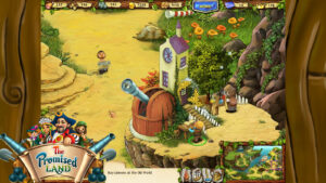 The Promised Land: Spielszene mit Siedlern, Rohstoffen und einem Forschungsturm