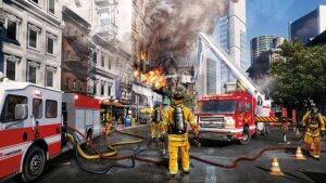 Firefighting Simulator – The Squad: Rosenbauer-Einsatzfahrzeuge vor brennendem Stadthaus