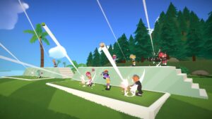 Super Battle Golf – offizieller Screenshot mit Golfplatz und Spielern