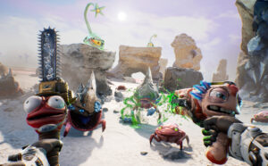 High On Life: High On Knife – offizieller Steam-Gameplay-Screenshot mit sprechender Alienwaffe und Kreaturen in Wüstenlandschaft