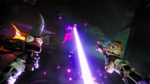 High On Life: High On Knife – PlayStation Store Szene mit sprechender Alienwaffe und violettem Energiestrahl