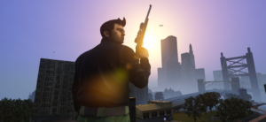 GTA III Definitive Edition: Claude über den Dächern von Liberty City, offizieller mobiler Screenshot