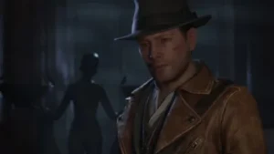 The Sinking City 2 – Calvin Rafferty in Arkham vor düsteren Gebäuden