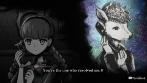 Schrödinger's Call – Mary hält einen Telefonhörer, handgezeichnete Szene des Visual-Novel-Spiels