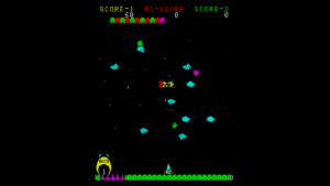 Arcade Archives SPACE CYCLONE – offizieller Gameplay-Screenshot mit bunten Insekten-Cyborgs, Pixelraumschiff und TAITO-1980-Grafik