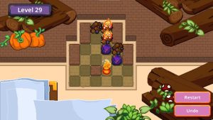 Cute Bonfire – offizieller Nintendo-eShop-Screenshot mit Feuergeist und Kohlen auf Level 29