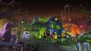 Schaurig gestalteter Freizeitpark aus Planet Coaster 2: Spooktacular Pack