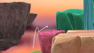 Golfing Over It – offizieller Google-Play-Screenshot zeigt Golfball-Flugbahn an einer Felsschlucht
