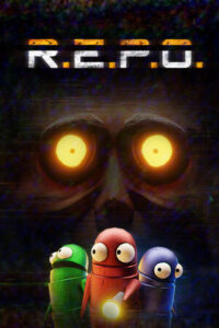 R.E.P.O. – offizielles Steam-Hochformat-Artwork mit drei Robotern und leuchtenden Augen