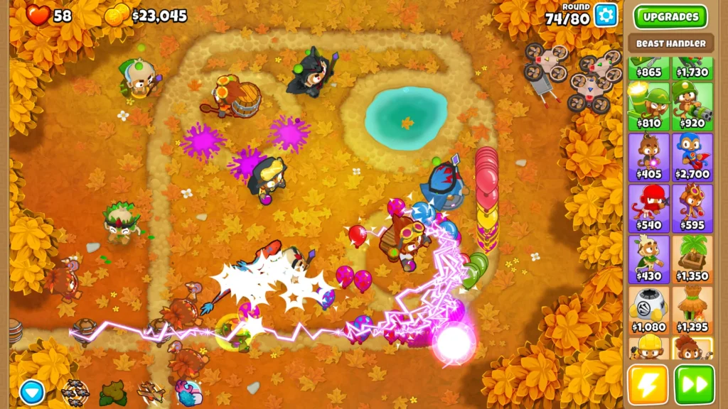 A game scene from Bloons TD 6 with several towers