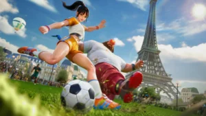 Charaktere spielen auf einem stilisierten Fußballfeld eine Partie in FreeStyle Football 2.