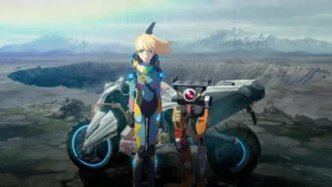Eine junge Frau und eine Roboterfigur vor einem Motorrad und einem Krater aus Death Stranding Isolations.