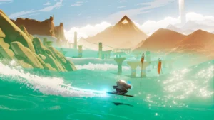 Der Wraith gleitet mit seinem Hoverschwert über weite Sandwellen in Sword of the Sea.