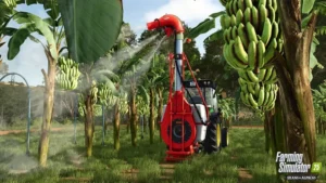 Traktor versprüht Pflanzenschutzmittel zwischen Bananenstauden auf einer Plantage in Catuaí.