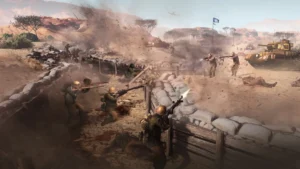 Infanterie in einer sandbefestigten Stellung unter Beschuss auf einem nordafrikanischen Schlachtfeld von Company of Heroes 3