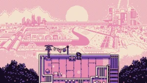 Straße und Gebäude in der pixelgezeichneten Stadt Sapphire Valley aus Petal Runner