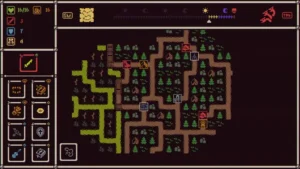 Pixelgrafik aus He is Coming mit einer Spielfigur und Gegnern in der Fantasywelt.