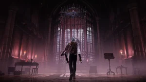 Eine düstere Szene aus The Duskbloods mit einem Bloodsworn vor einem schmiedeeisernen Tor.